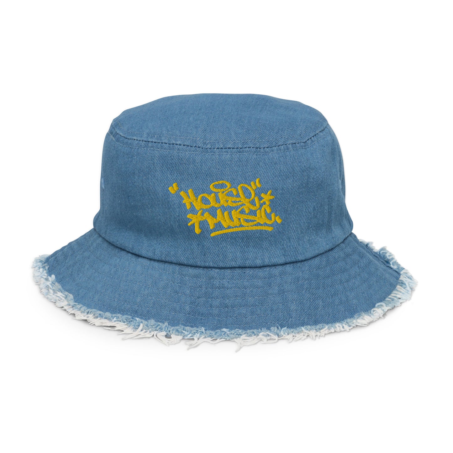 House Music Distressed  Embroidered denim bucket hat tagged by NYC "The Legend" James Top